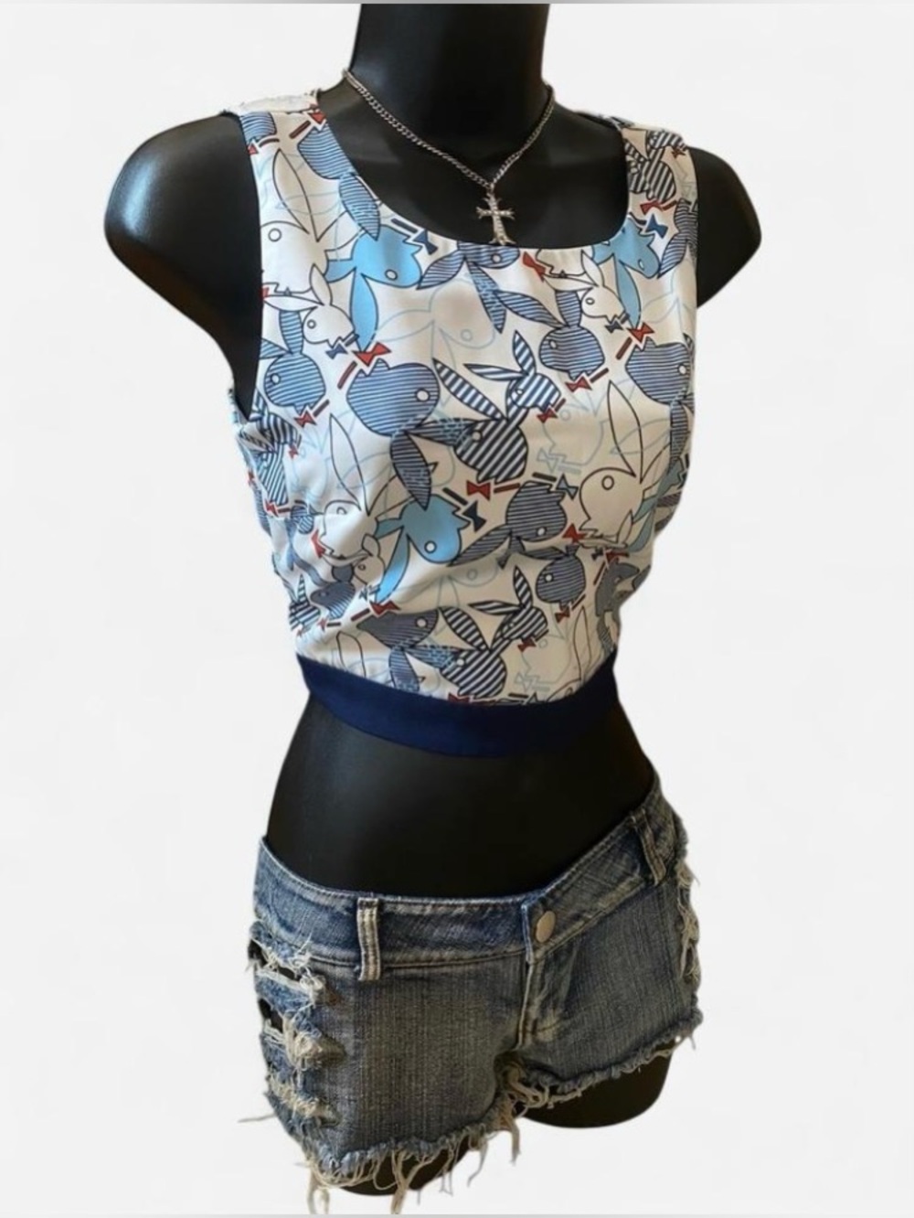 Y2k Playboy Blue & White Bunny Print Cropped Tank Top